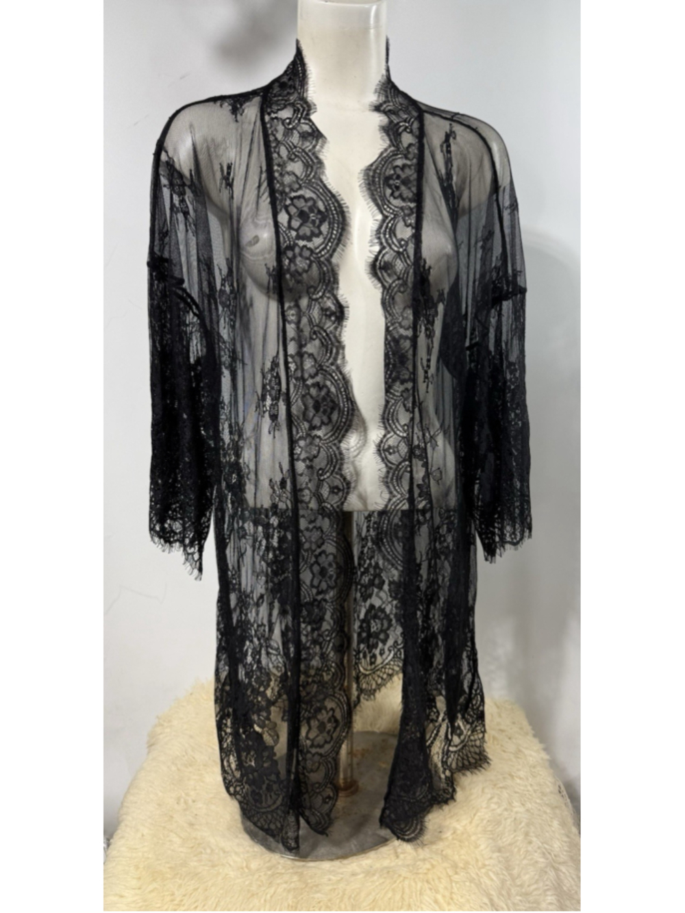 Black Lace Kimono Robe 2XL Sheer Floral Fairycore Boho Lingerie Duster Witchy